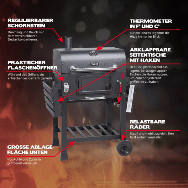 TAINO HERO XL Smoker BBQ GRILLWAGEN Holzkohle Grill Standgrill Räucherofen Kohle – Bild 9