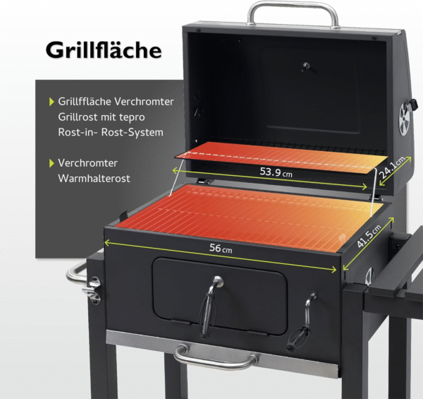 Tepro Toronto Click Holzkohlegrill – BBQ Grillwagen mit Deckel & Thermometer, 56x41 cm Grillfläche – Bild 3