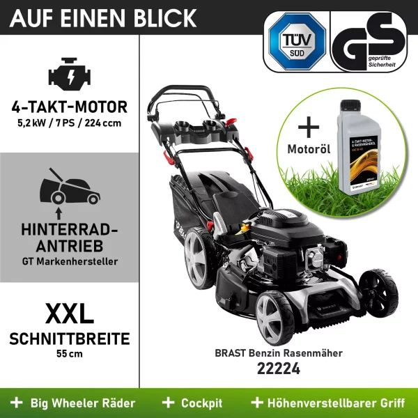 BRAST Rasenmäher Benzin 5,2kW(7 PS) | mit Antrieb | XXL - 55cm Schnittbreite – Bild 6